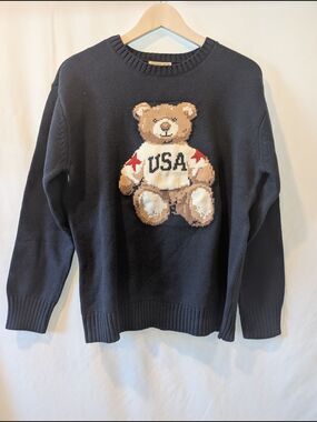 Navy Knit Sweater with Brown Bear USA cute Americana coastal preppy